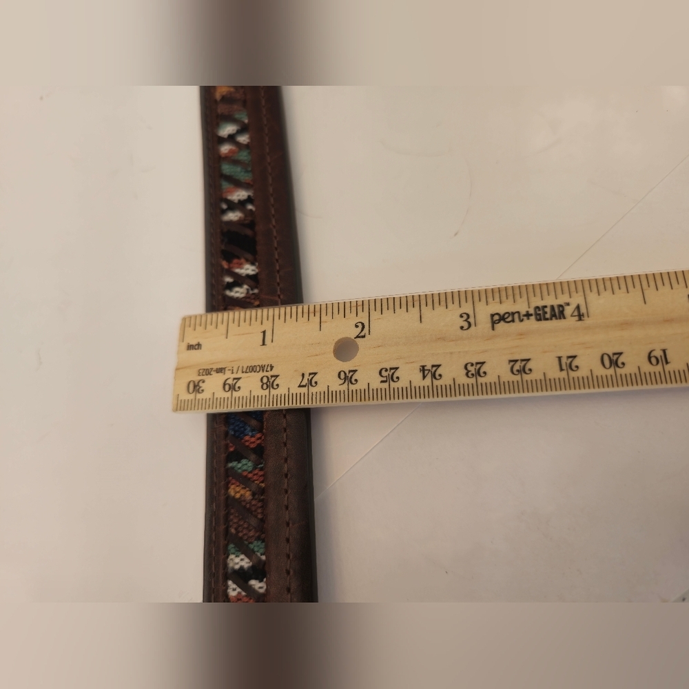 Columbia Men's Brown Leather Belt Multi Color Cotton Woven  Fabric Size 44 - Picture 17 of 17